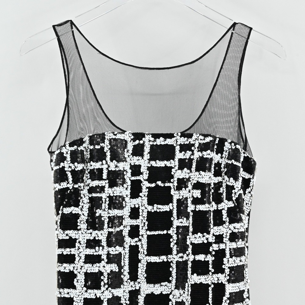 Aidan Mattox‎ Sequin Mini Dress Womens Size 2 Black White Sheath Sleeveless Mesh - Picture 11 of 15